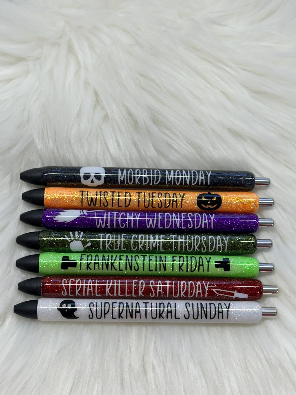 Halloween Spooky Season Set of 7 Days of The Week Glitter Epoxy Gel Pens, Sassy Epoxy Glitter Gel Pens, Funny Gel Pen,  InkJoy