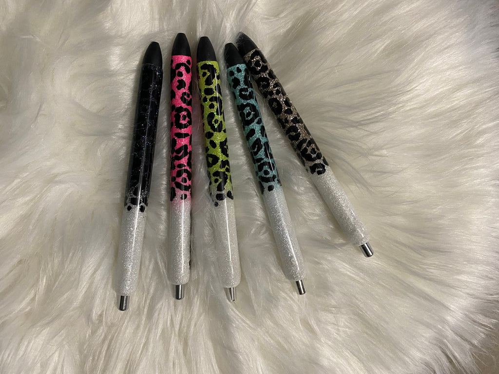 Personalized Half Leopard “with Name By the Clicker” Epoxy Glitter Black Ink Pen: Refillable