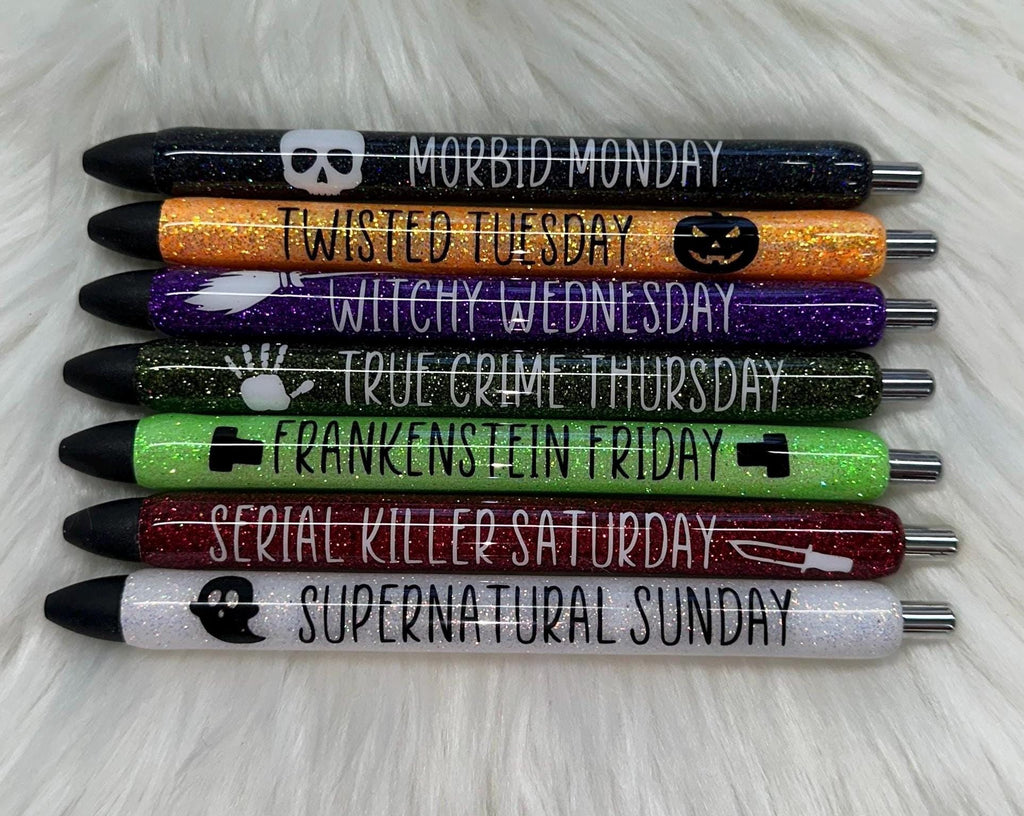 Halloween Spooky Season Set of 7 Days of The Week Glitter Epoxy Gel Pens, Sassy Epoxy Glitter Gel Pens, Funny Gel Pen,  InkJoy