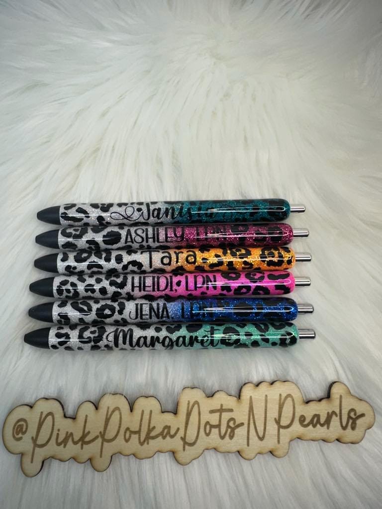 Leopard Personalized Epoxy Glitter Black Ink Pen: Refillable