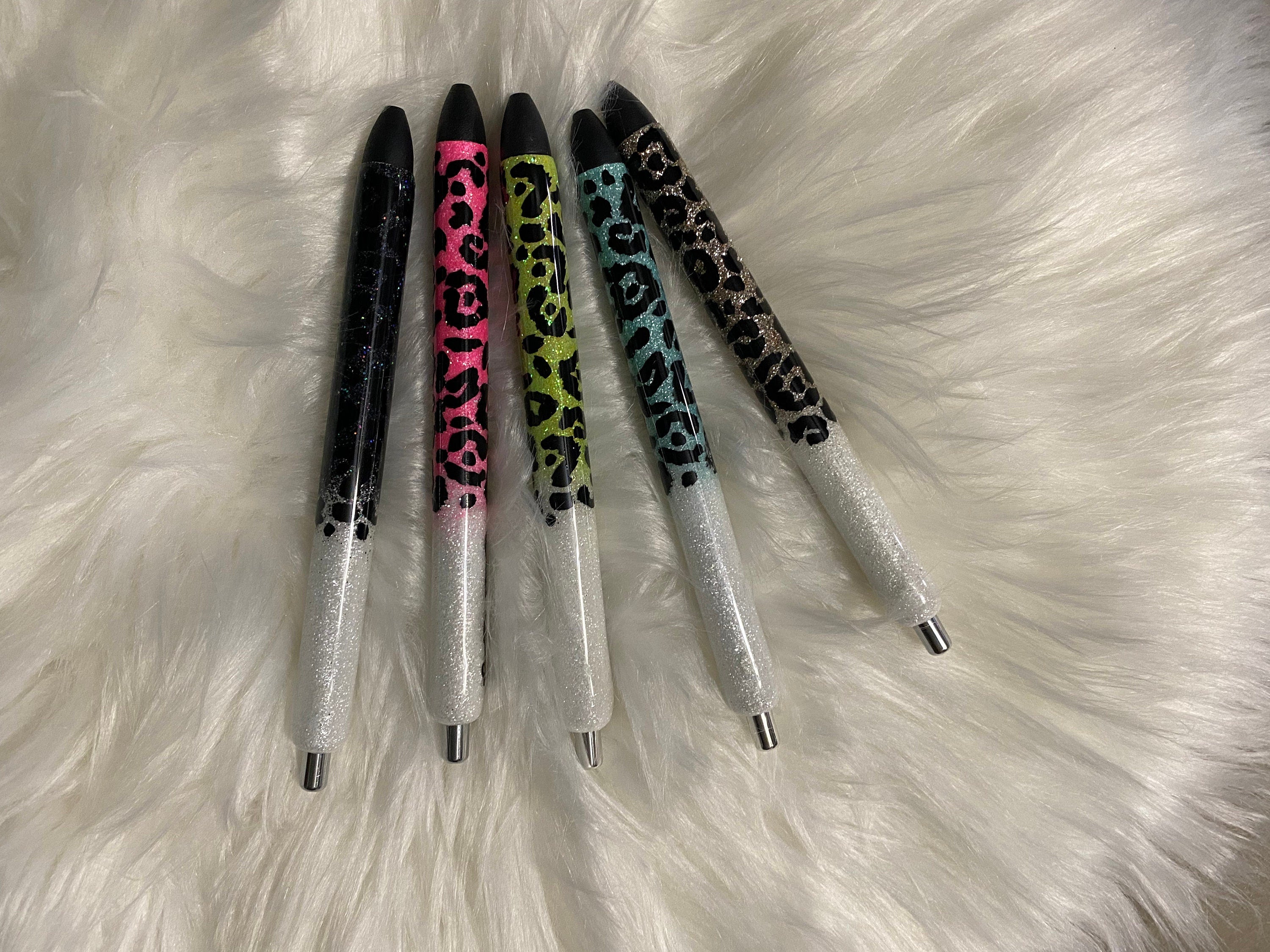 Personalized Half Leopard “with Name By the Clicker” Epoxy Glitter Black Ink Pen: Refillable