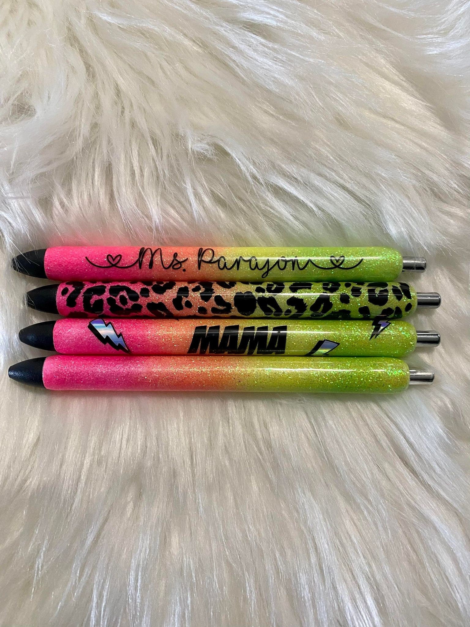 Bright Neon Personalized Epoxy Glitter Black Ink Pen: Refillable