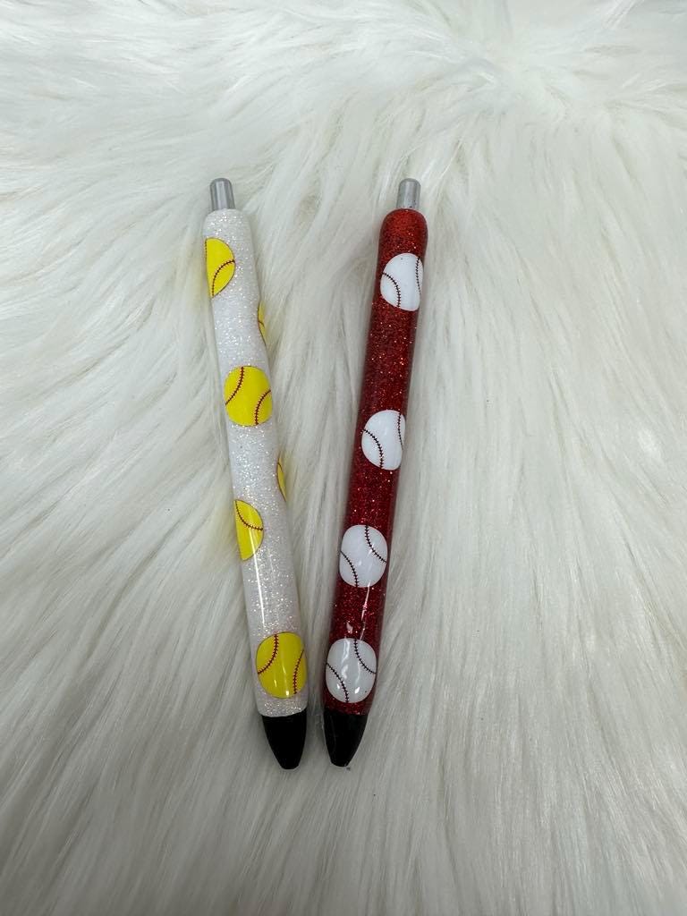 Softball Baseball Pens Personalized Epoxy Glitter Bow Black Ink Pen: Refillable