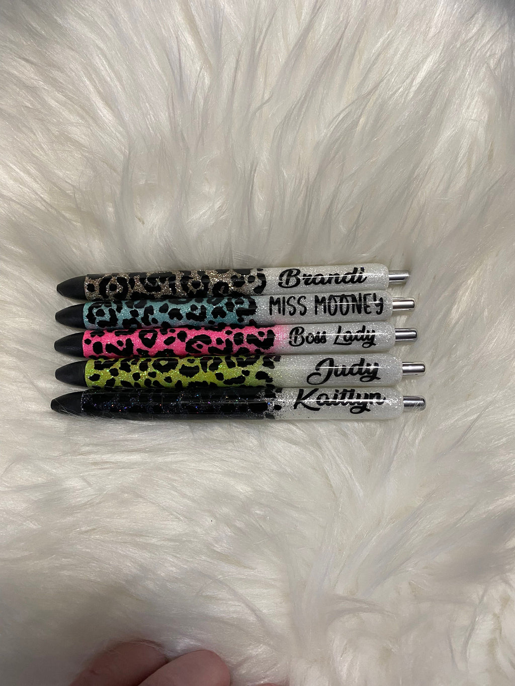 Personalized Half Leopard “with Name By the Clicker” Epoxy Glitter Black Ink Pen: Refillable