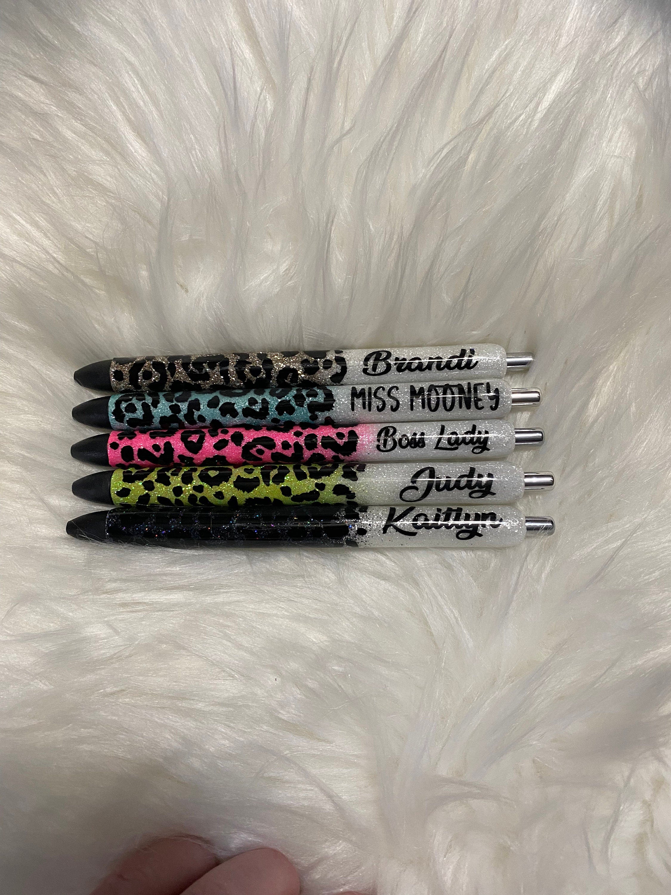 Personalized Half Leopard “with Name By the Clicker” Epoxy Glitter Black Ink Pen: Refillable