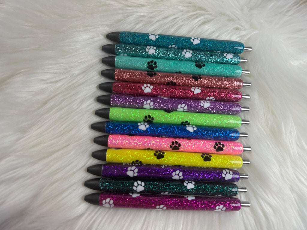 Vet Paw Print Cat/Dog Personalized Epoxy Glitter Black Ink Pen: Refillable