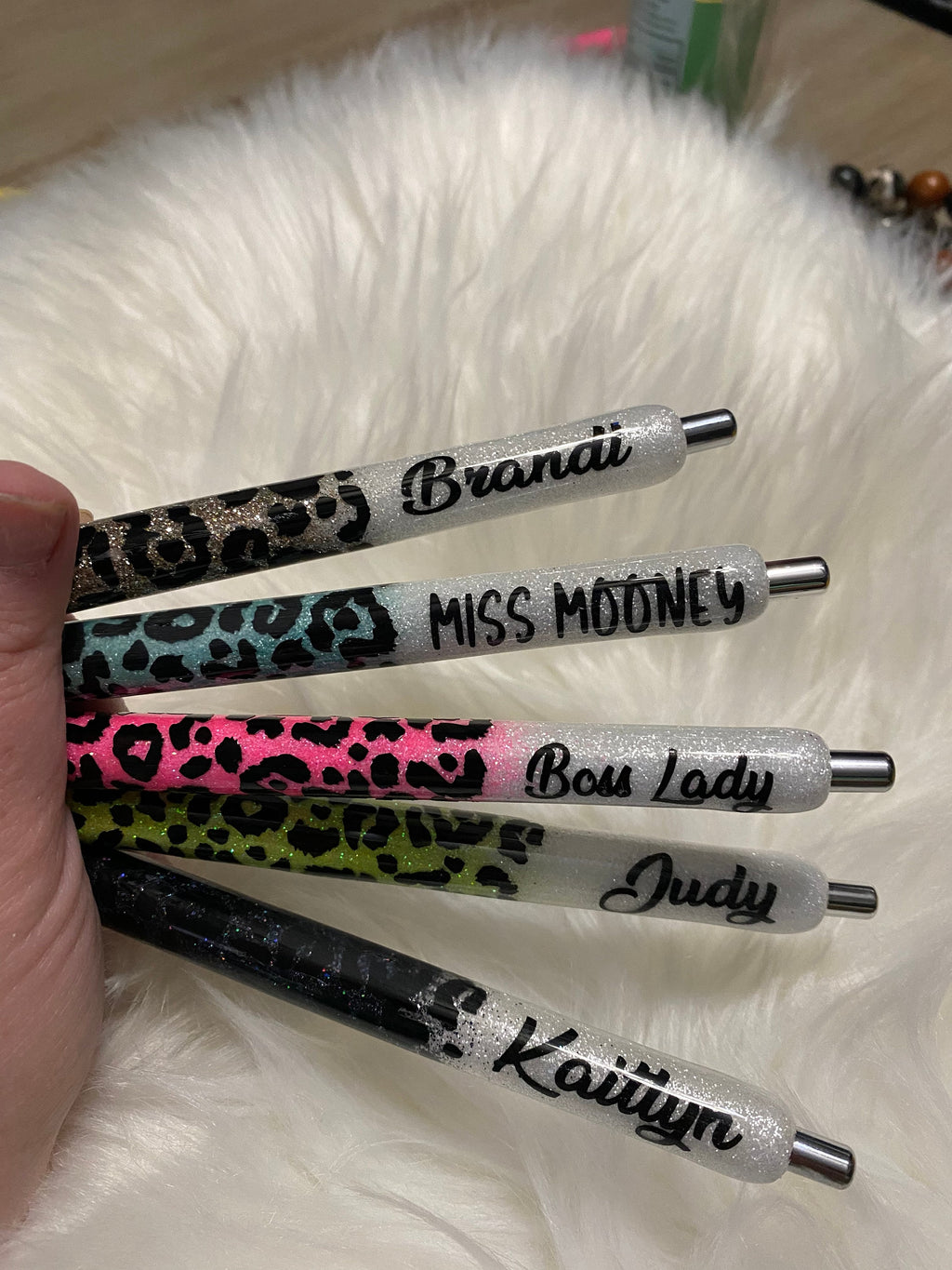 Personalized Half Leopard “with Name By the Clicker” Epoxy Glitter Black Ink Pen: Refillable