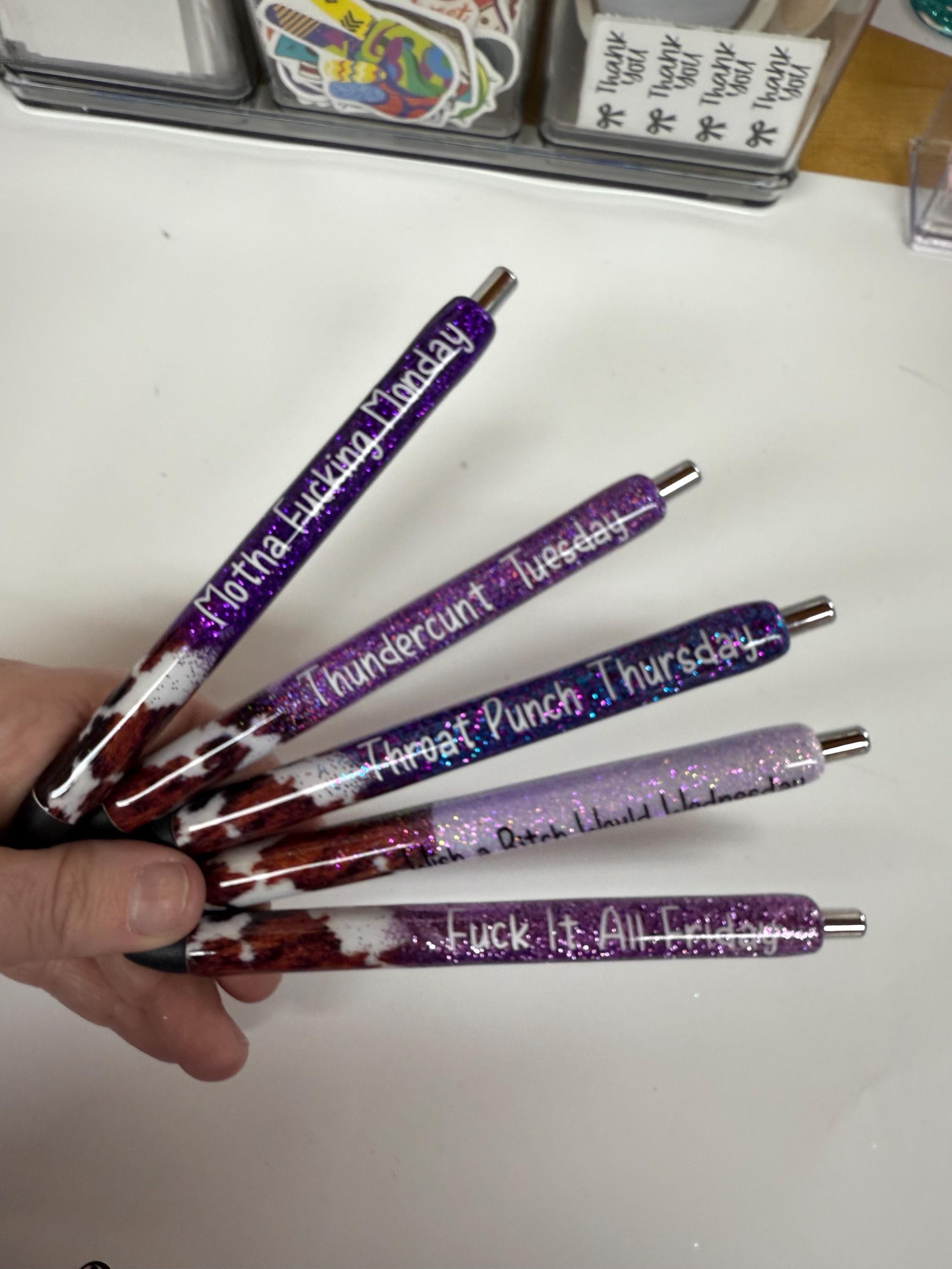 Cow Hide Set of 5 Days of The Week Glitter Epoxy Gel Pens, Sassy Epoxy Glitter Gel Pens, Funny Gel Pen, Gel Pen, InkJoy Brand, Custom