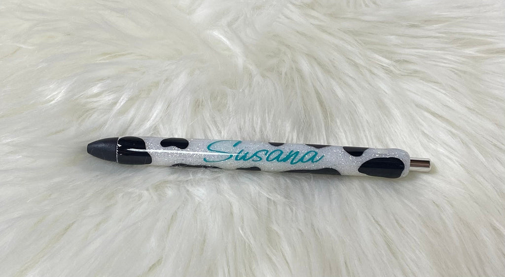 Cow Hide Personalized Epoxy Glitter Black Ink Pen: Refillable