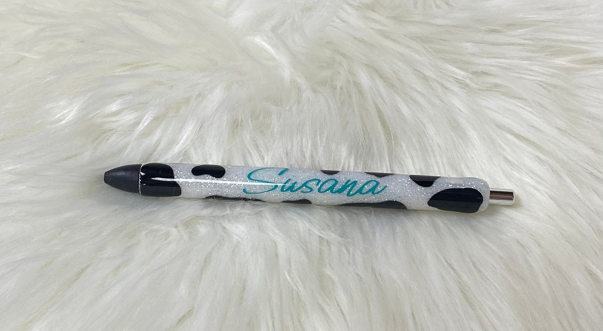 Cow Hide Personalized Epoxy Glitter Black Ink Pen: Refillable