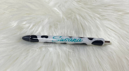 Cow Hide Personalized Epoxy Glitter Black Ink Pen: Refillable